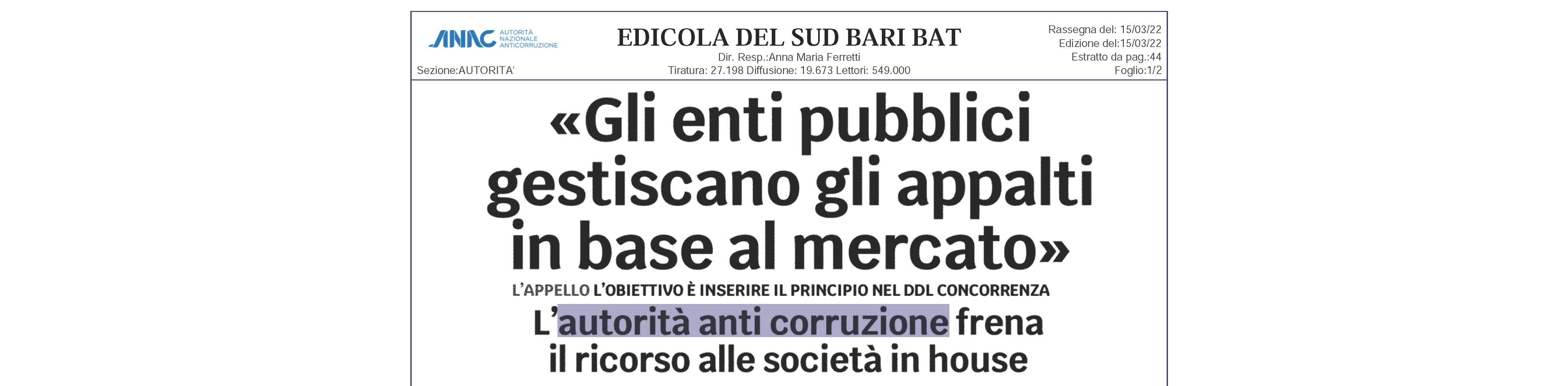 Ddl Concorrenza "Anac frena il ricorso alle società inhouse" www.anticorruzione.it